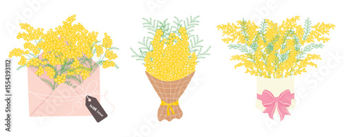Set of Mimosa Bouquets. Spring Yellow Flowers Collection. Floral illustration in a soft, elegant style for spring holidays
