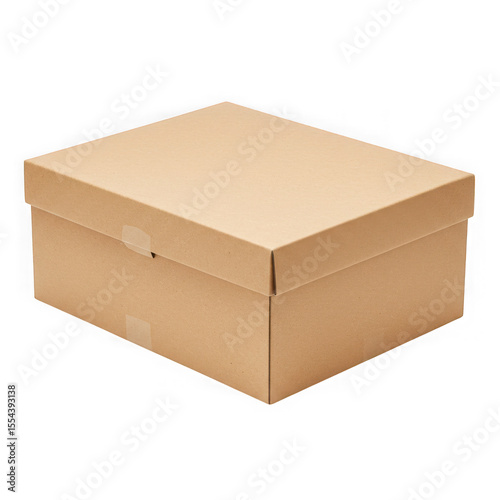 A simple brown cardboard shoebox with a lid secured by clear tape isolated on transparent background