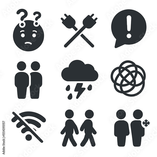 Friendship Misunderstanding Icons. Solid, filled icons set of friendship misunderstandings: confused face,