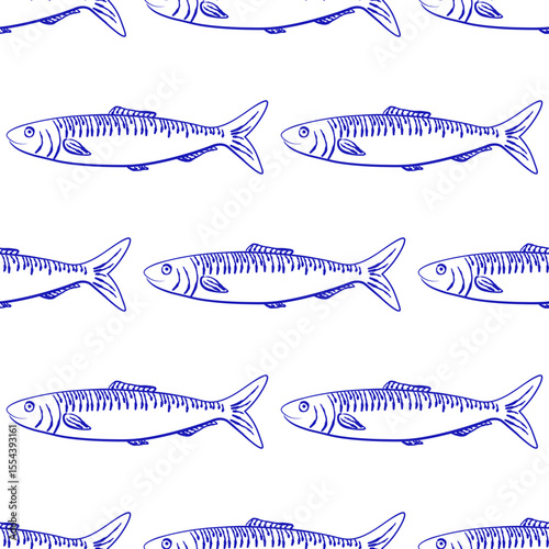 Seamless pattern with hand drawn sardine fish in blue. Ideal for seafood packaging, kitchen textiles, restaurant branding, wrapping paper, or retro nautical-themed designs