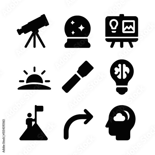 Future Icons Grid. Solid, filled icons set of future dreams and vision: telescope icon, crystal ball, vision