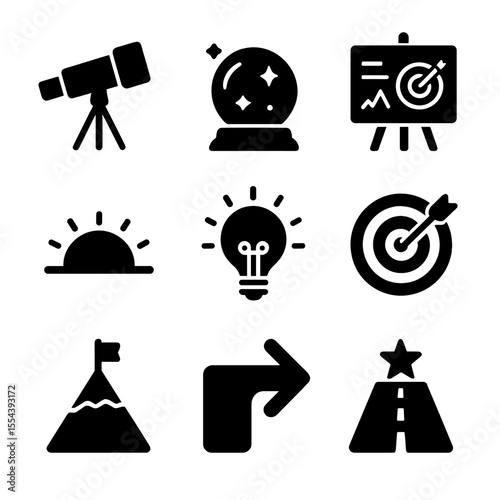 Future Icons Grid. Solid, filled icons set of future dreams and vision: telescope icon, crystal ball, vision