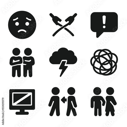 Friendship Misunderstanding Icons. Solid, filled icons set of friendship misunderstandings: confused face,