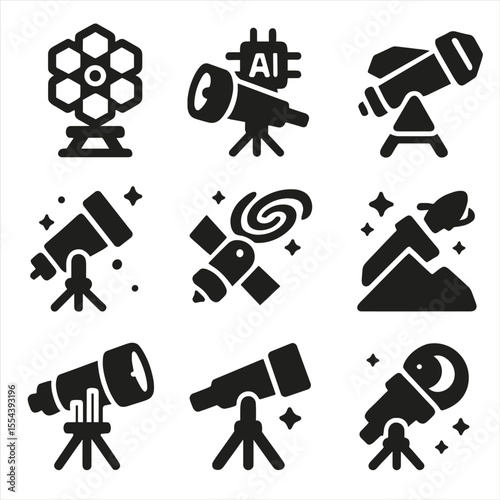 Future Space Missions Icons. Solid, filled icons set of future telescope missions: next-gen scope, AI vision,