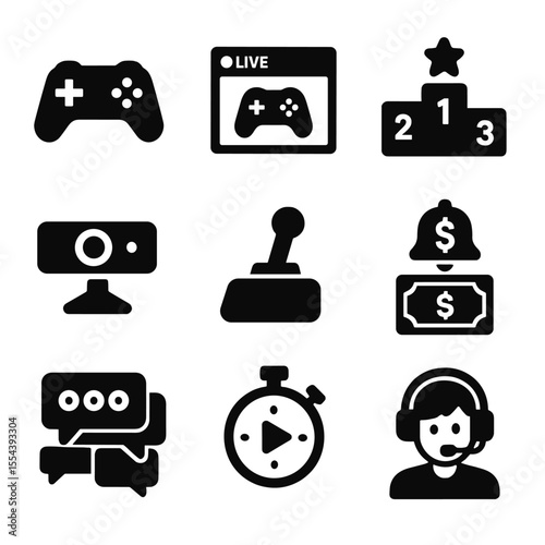 Gaming Stream Icons. Solid, filled icons set of live gaming streams: game controller, webcam overlay,