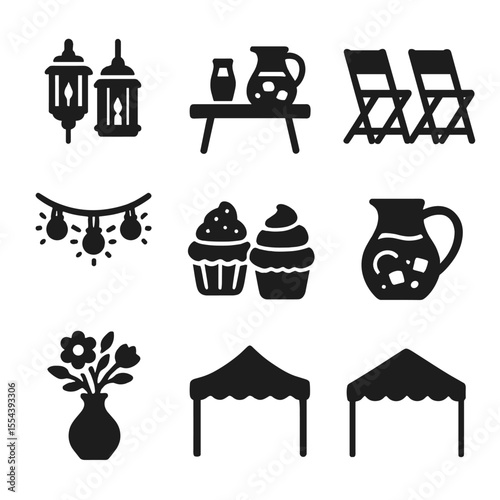Garden Party Essentials. Solid, filled icons set of garden party setup: lanterns, outdoor table, iced tea
