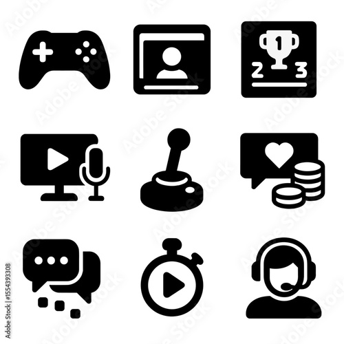 Gaming Stream Icons. Solid, filled icons set of live gaming streams: game controller, webcam overlay,