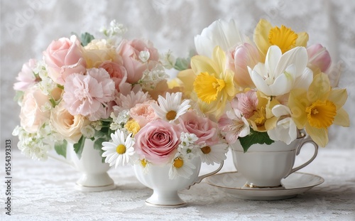 The tea set, adorned with flowers in soft shades of pink, yellow, and purple, sits atop a white lace tablecloth, creating a peaceful and serene atmosphere