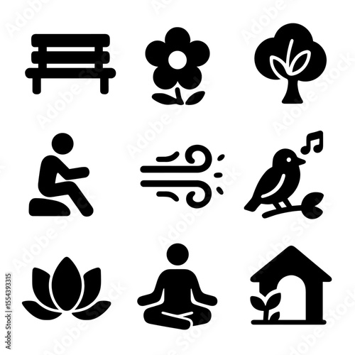 Garden Solitude Icons. Solid, filled icons set of garden solitude and mindful rest: garden bench, soft flower,