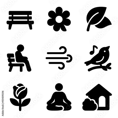 Garden Solitude Icons. Solid, filled icons set of garden solitude and mindful rest: garden bench, soft flower,