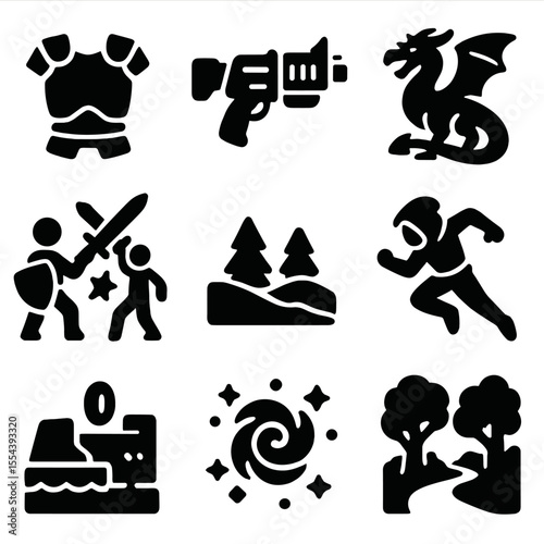 Gaming Icon Set. Solid, filled icons set of gaming assets: fantasy armor, sci-fi weapon, mythical creature,