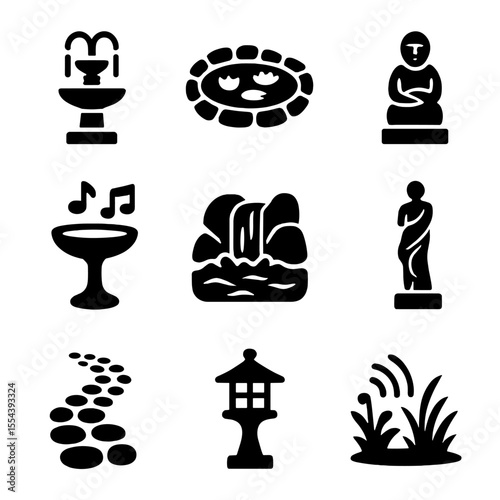 Garden Icon Set. Solid, filled icons set of water features and garden accents: water fountain, garden pond,