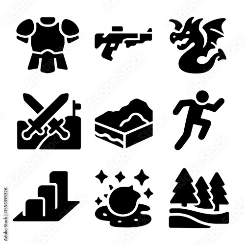 Gaming Icon Set. Solid, filled icons set of gaming assets: fantasy armor, sci-fi weapon, mythical creature,