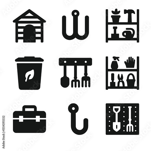 Garden Tool Storage Icons. Solid, filled icons set of garden tool storage: garden shed, tool hook, storage