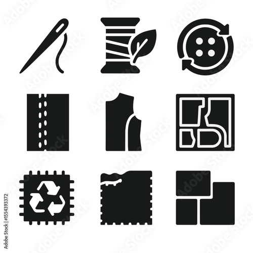 Garment Construction Icons. Solid, filled icons set of garment construction: sewing needle, eco thread,