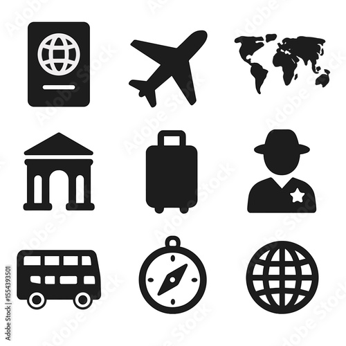 Global Travel Icons. Solid, filled icons set of global travel and discovery: travel passport, airplane, world