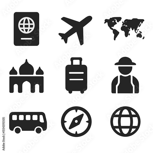 Global Travel Icons. Solid, filled icons set of global travel and discovery: travel passport, airplane, world