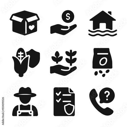 Government Aid Icons. Solid, filled icons set of government aid and policy: aid box, financial support, farm