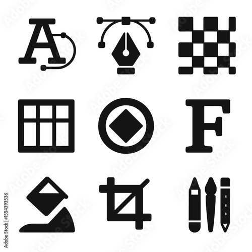 Graphic Design Icon Set. Solid, filled icons set of graphic design elements: typography, vector art, pattern,