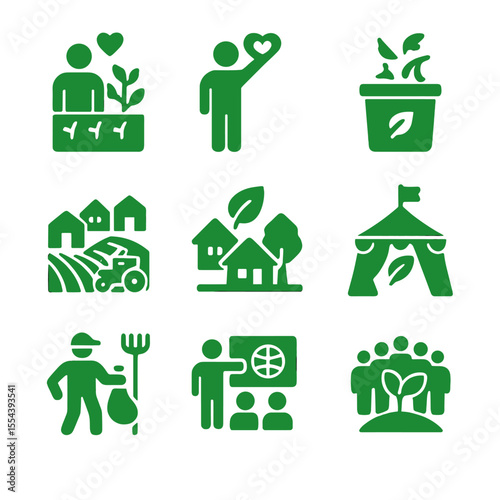 Green Community Icons. Solid, filled icons set of green community initiatives: community garden, green