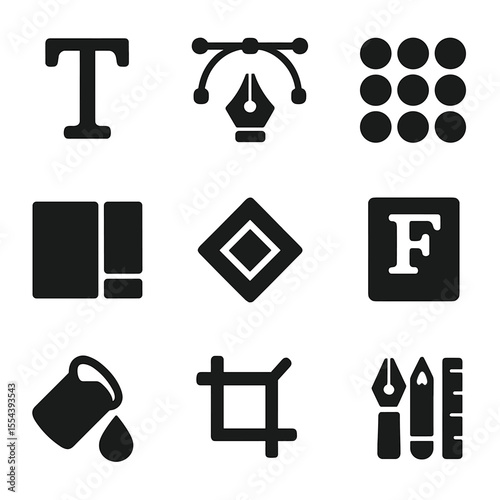 Graphic Design Icon Set. Solid, filled icons set of graphic design elements: typography, vector art, pattern,