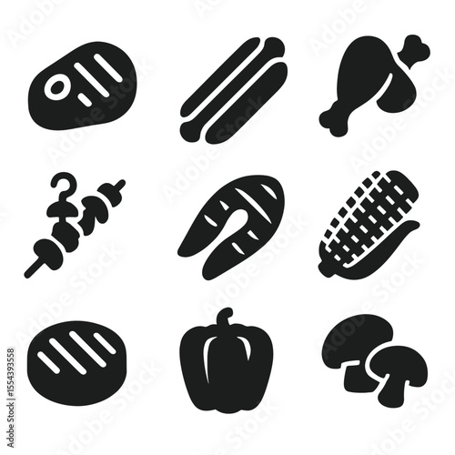 Grilling Food Icons. Solid, filled icons set of grilling food icons: steak, hotdog, chicken wing, veggie
