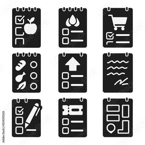 Grocery Icon Grid. Solid, filled icons set of grocery checklist pads: fruits checkbox, dairy list, pen with