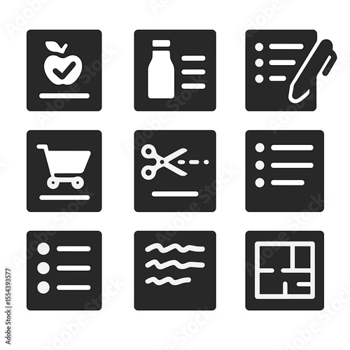 Grocery Icon Grid. Solid, filled icons set of grocery checklist pads: fruits checkbox, dairy list, pen with