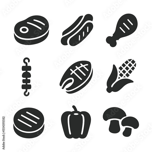 Grilling Food Icons. Solid, filled icons set of grilling food icons: steak, hotdog, chicken wing, veggie