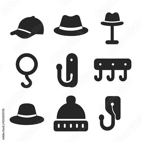 Hat Icons Grid. Solid, filled icons set of hat and cap display: baseball cap, fedora, hat stand, hook ring,