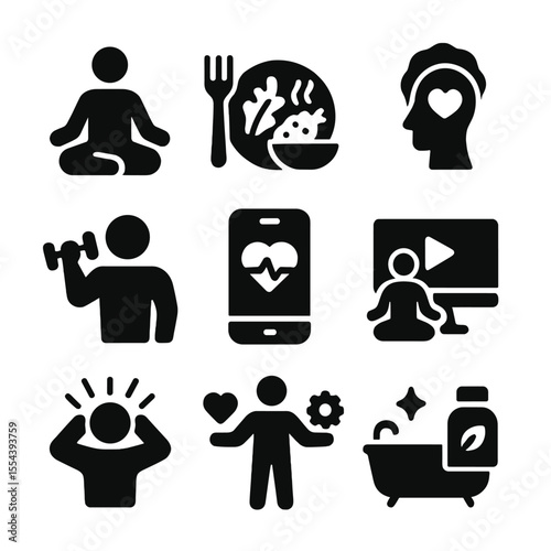 Health & Wellness Icons. Solid, filled icons set of health and wellness e-learning: yoga pose, healthy meal,