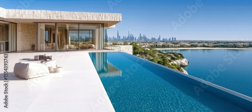 Luxurious modern villa design featuring white decor and infinity pool with Dubai skyline reflection