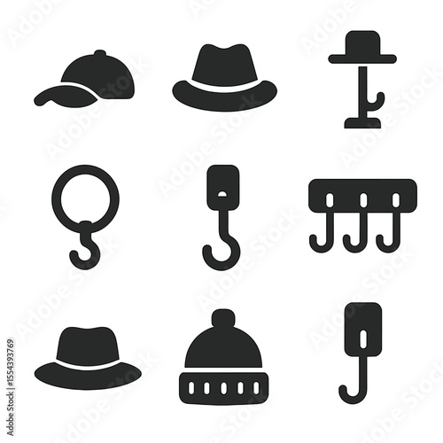 Hat Icons Grid. Solid, filled icons set of hat and cap display: baseball cap, fedora, hat stand, hook ring,