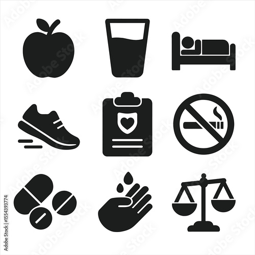 Health Advice Icons. Solid, filled icons set of general health advice: apple icon, water glass, rest icon,