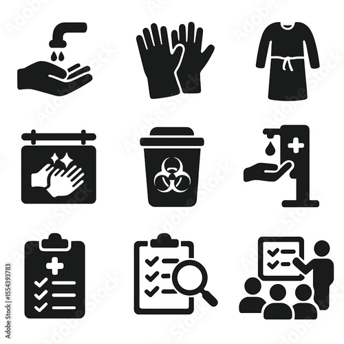 Healthcare Hygiene Icons. Solid, filled icons set of healthcare hygiene protocols: hospital handwash, surgical