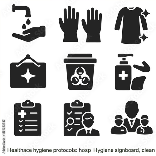 Healthcare Hygiene Icons. Solid, filled icons set of healthcare hygiene protocols: hospital handwash, surgical
