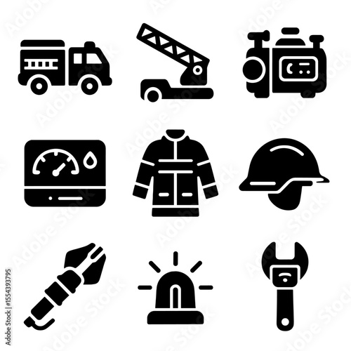 High-Tech Fire Equipment. Solid, filled icons set of high-tech fire trucks and gear: fire truck icon, ladder