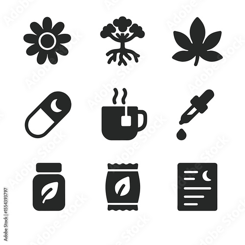 Herbal Sleep Remedies Icons. Solid, filled icons set of herbal sleep remedies: chamomile flower, valerian root