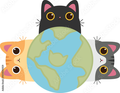 Diverse Cats Hugging Earth, Global Feline Love for International Cat Day