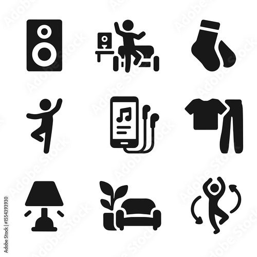 Home Dance Icons. Solid, filled icons set of home dance practice: home speaker, living room dance, cozy socks,
