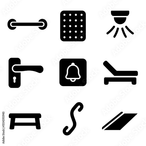 Home Mobility Icons. Solid, filled icons set of home mobility support: bathroom rail, non-slip mat, motion