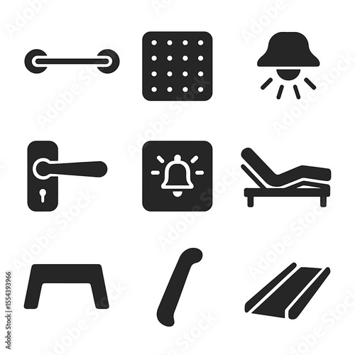 Home Mobility Icons. Solid, filled icons set of home mobility support: bathroom rail, non-slip mat, motion