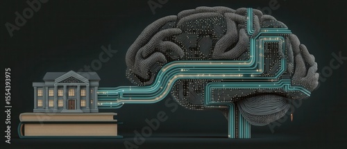 Illustration of a human brain with interconnected pathways leading to a building, symbolizing knowledge transfer and the connection between education and thought processes.