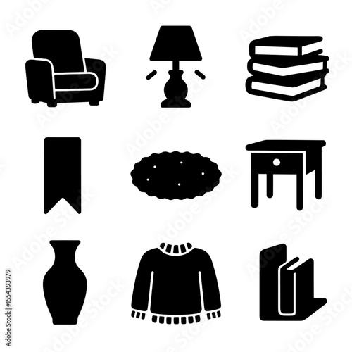 Home Library Essentials. Solid, filled icons set of home library essentials: recliner chair, ambient lighting,