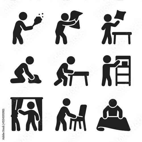 Household Chores Icons. Solid, filled icons set of household chores in progress: dusting motion, rug lift,