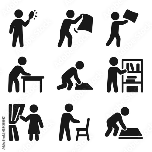 Household Chores Icons. Solid, filled icons set of household chores in progress: dusting motion, rug lift,
