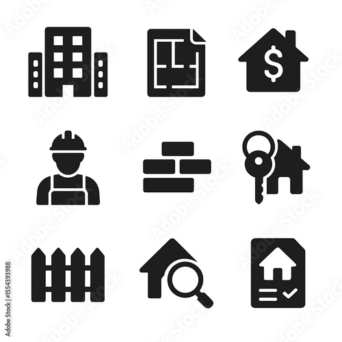 Housing Icon Set. Solid, filled icons set of housing and real estate: apartment block, housing blueprint,