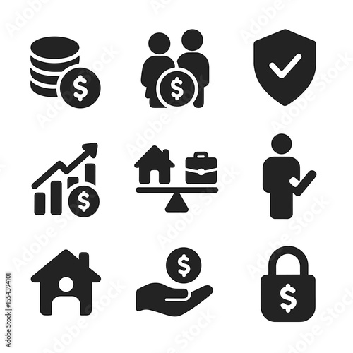 Income Stability Icons. Solid, filled icons set of income stability and support: income icon, family budget,