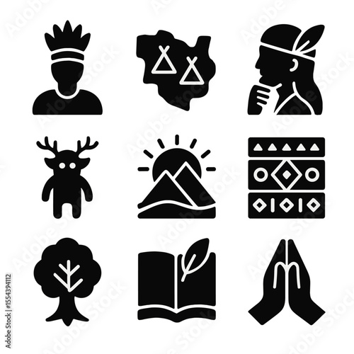 Indigenous Rights Icons. Solid, filled icons set of indigenous and cultural rights: cultural icon, tribal land