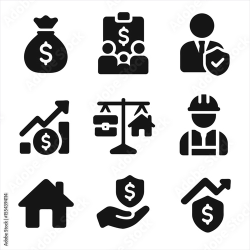 Income Stability Icons. Solid, filled icons set of income stability and support: income icon, family budget,